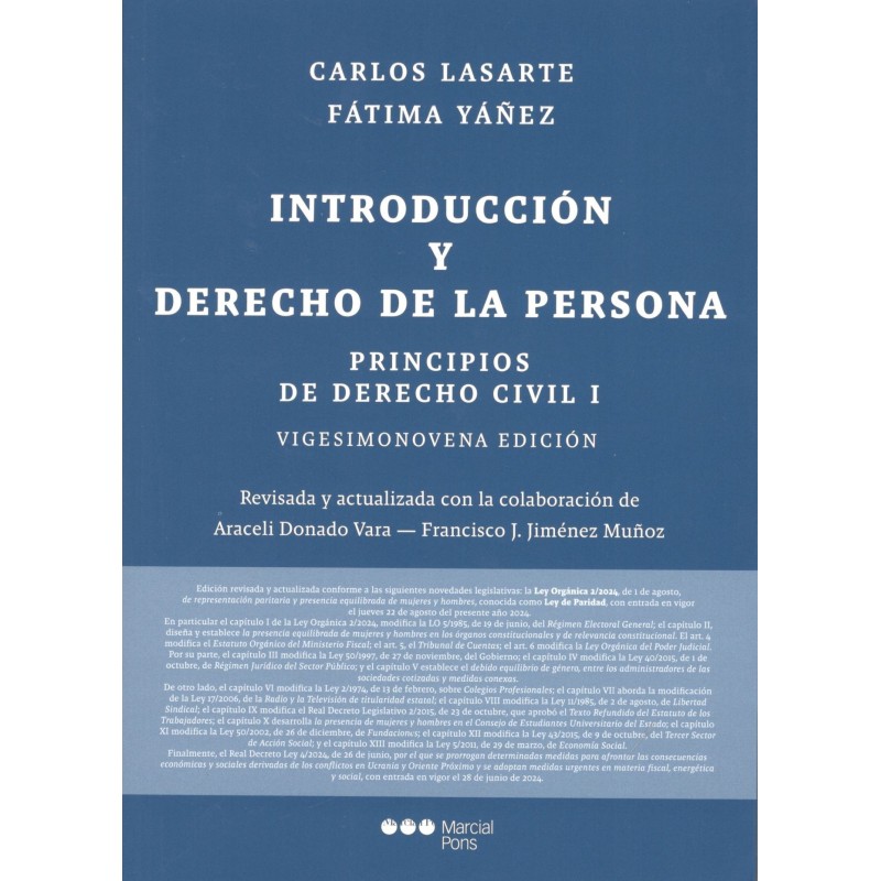 PRINCIPIOS DE DERECHO CIVIL I. PARTE GENERAL Y DERECHO DE LA PERSONA (nueva edición  curso 2024-25)